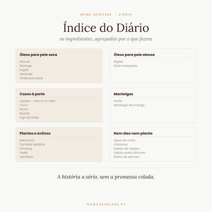 Índice do Diário — os ingredientes agrupados por função: óleos, manteigas, argilas e sabões