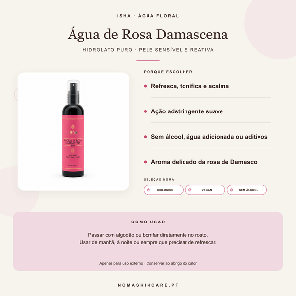 Benefícios e modo de uso — Água de Rosa Damascena Biológica · ISHA