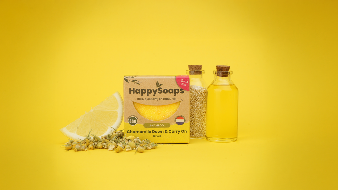 Champô Sólido com Aroma de Camomila para Cabelo Louro — ambiente · HappySoaps