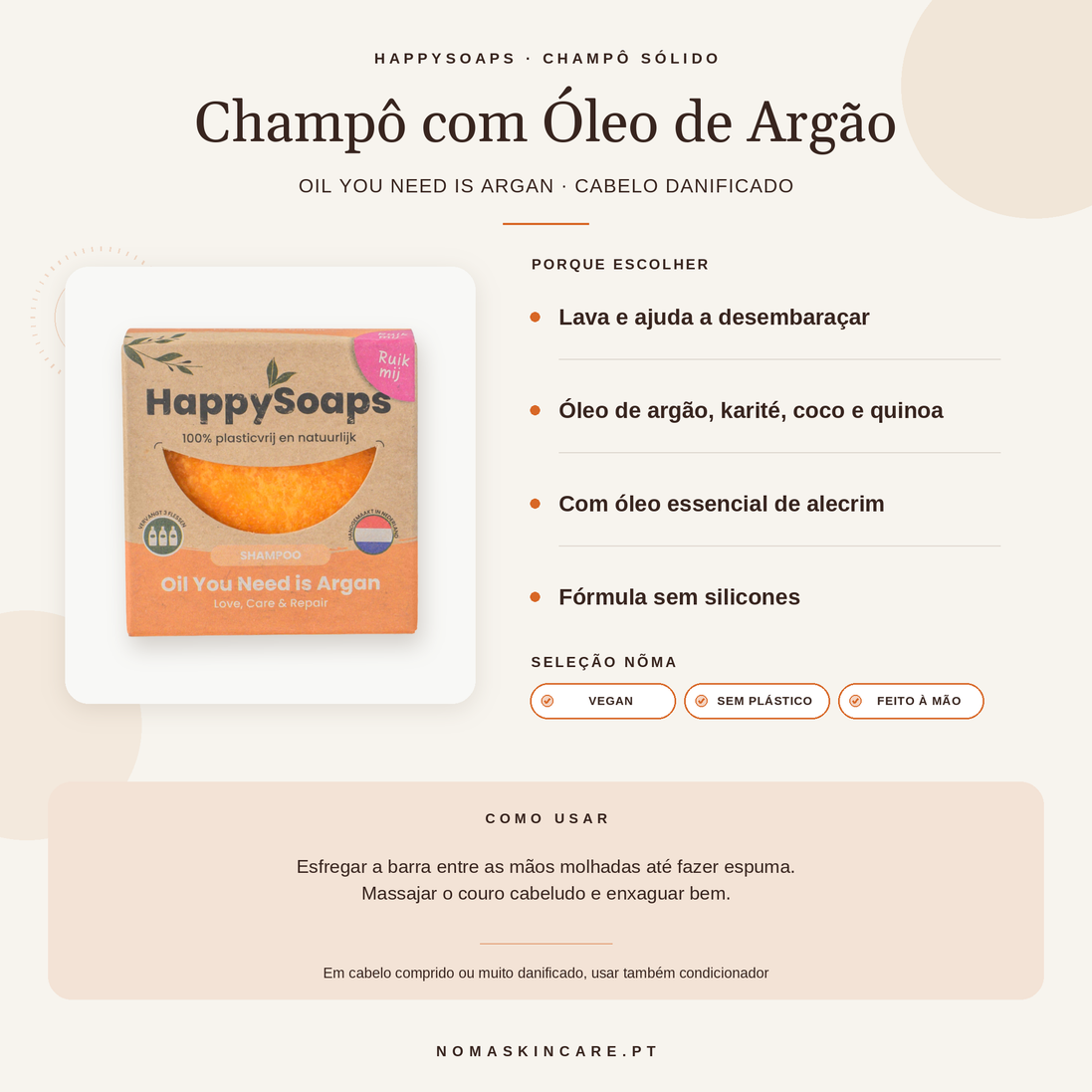 Benefícios e modo de uso — Champô Sólido com Óleo de Argão para Cabelo Danificado · HappySoaps
