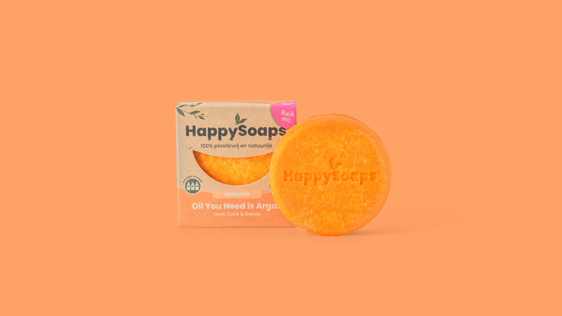 Detalhe e escala — Champô Sólido com Óleo de Argão para Cabelo Danificado · HappySoaps · 70 g