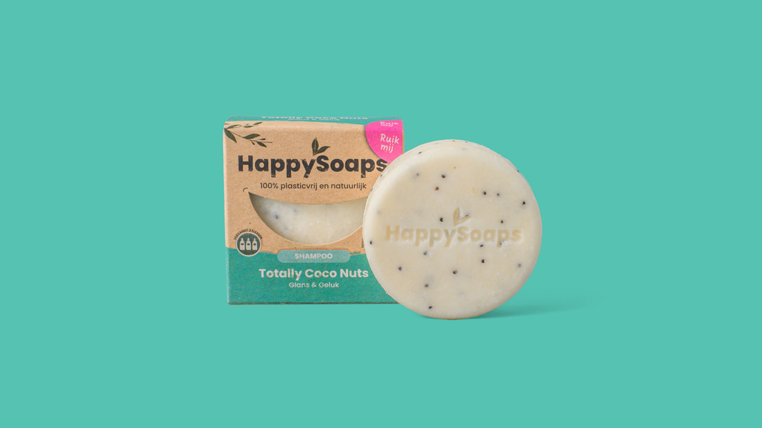 Detalhe e escala — Champô Sólido de Coco com Sementes de Papoila · HappySoaps · 70 g