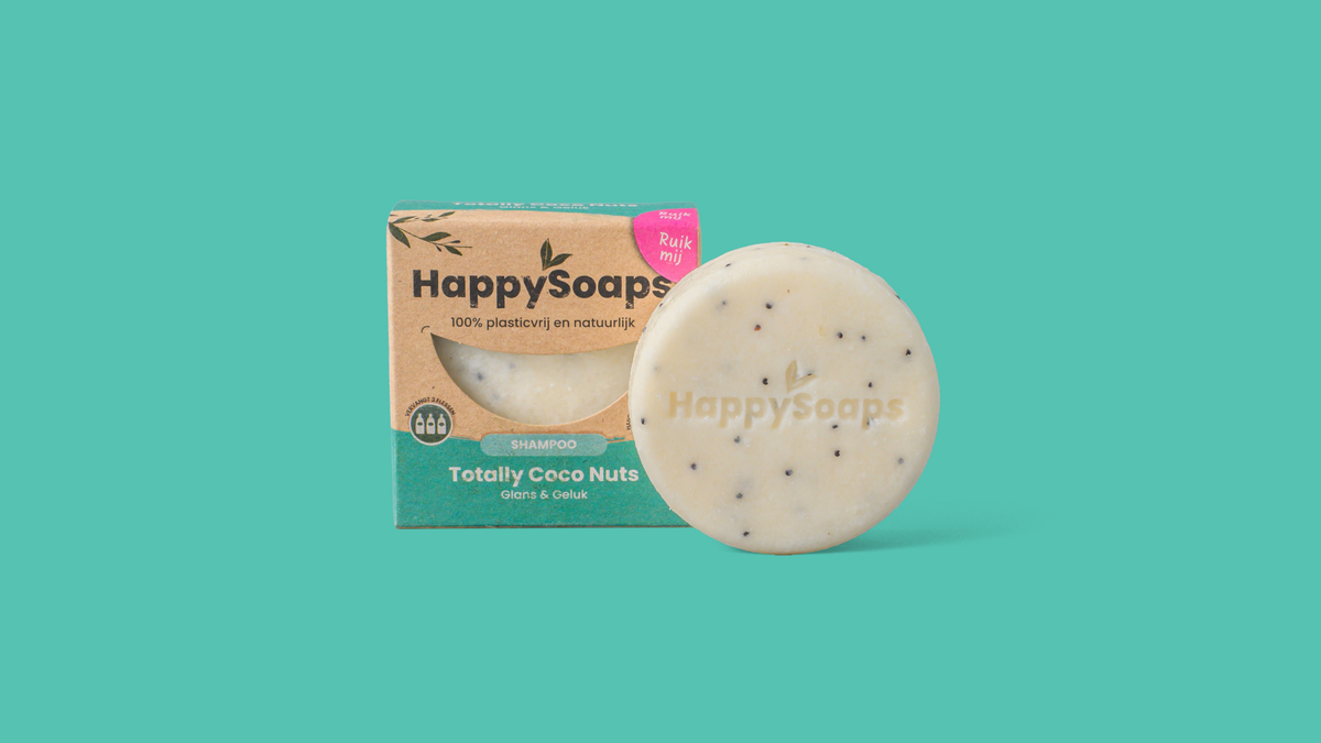Detalhe e escala — Champô Sólido de Coco com Sementes de Papoila · HappySoaps · 70 g