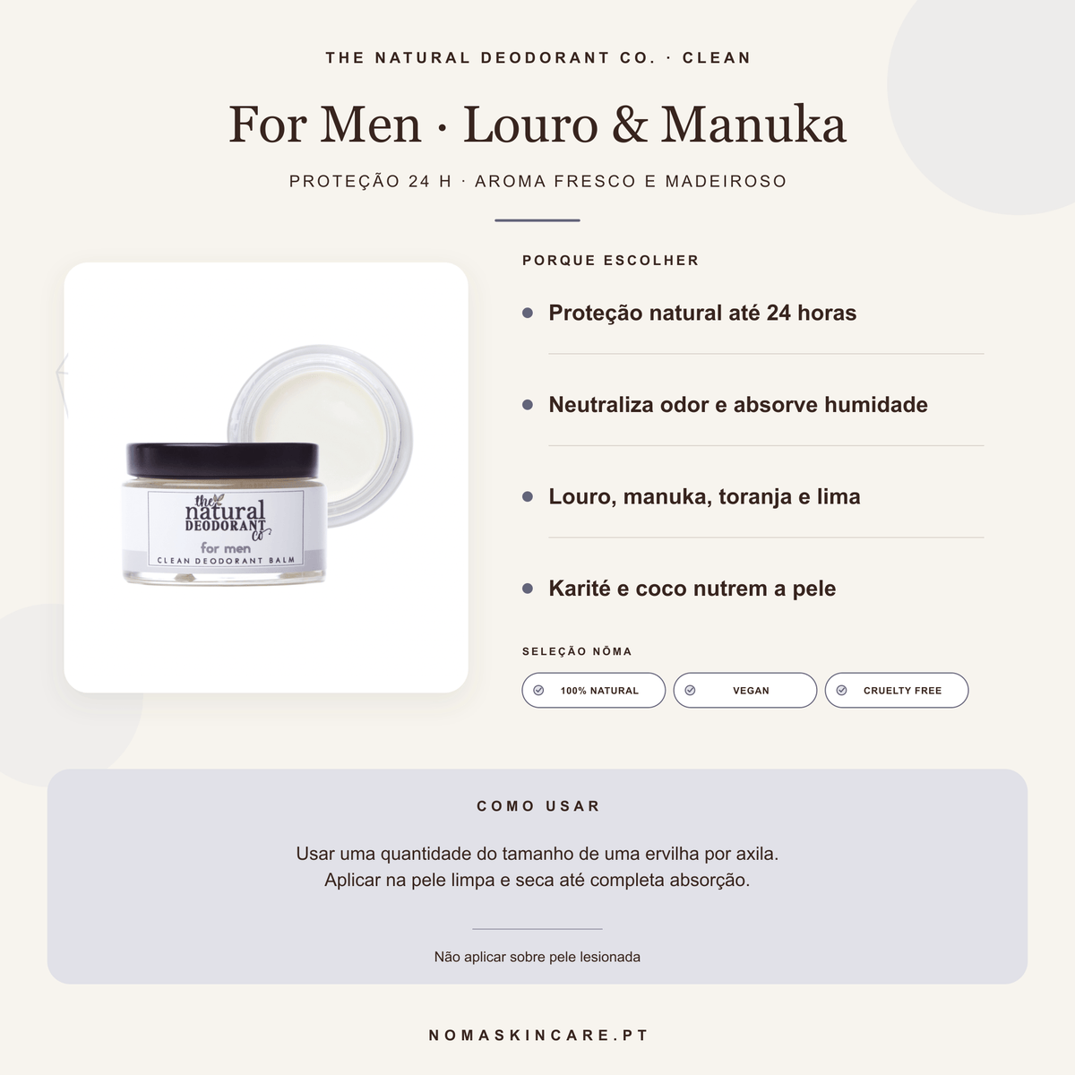 Benefícios e modo de uso — Desodorizante Bálsamo Clean For Men com Louro, Manuka e Toranja — Protecção 24h · The Natural Deodorant Co.