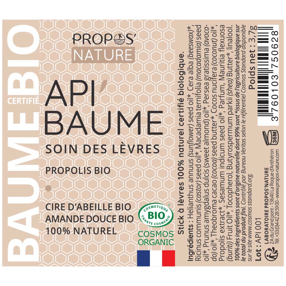 Bálsamo Labial Api'Baume com Própolis, Cera de Abelha e Óleos Biológicos