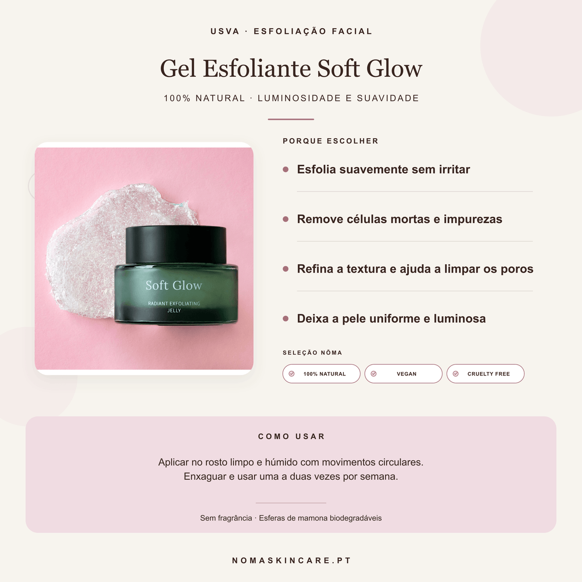 Benefícios e modo de uso — Gel Esfoliante Iluminador Soft Glow · USVA
