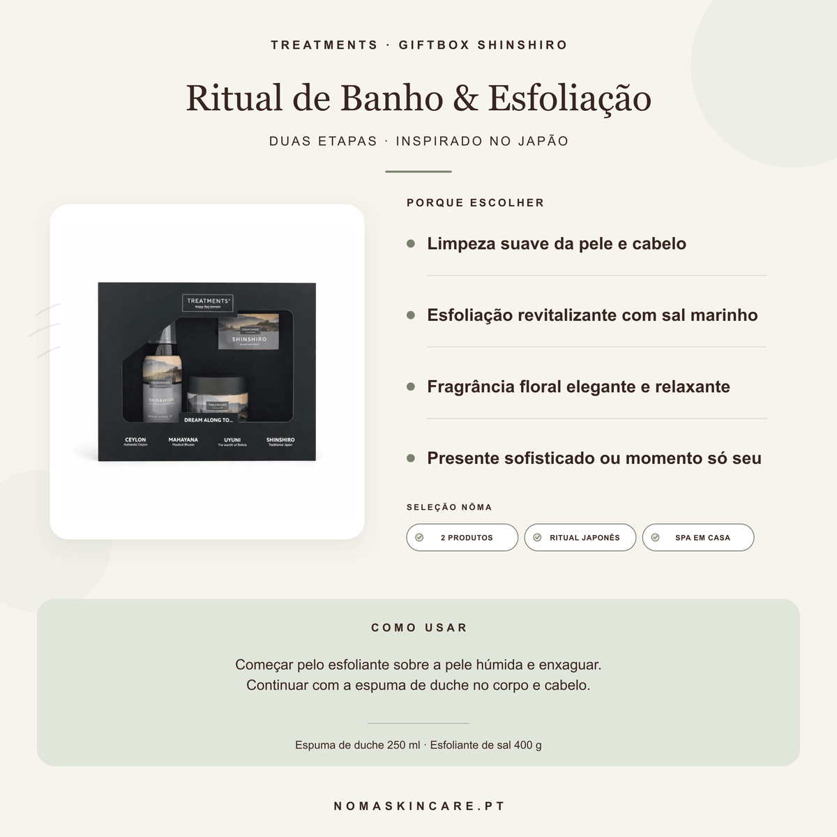 Benefícios e modo de uso — Giftbox Ritual de Banho e Esfoliação Shinshiro · TREATMENTS
