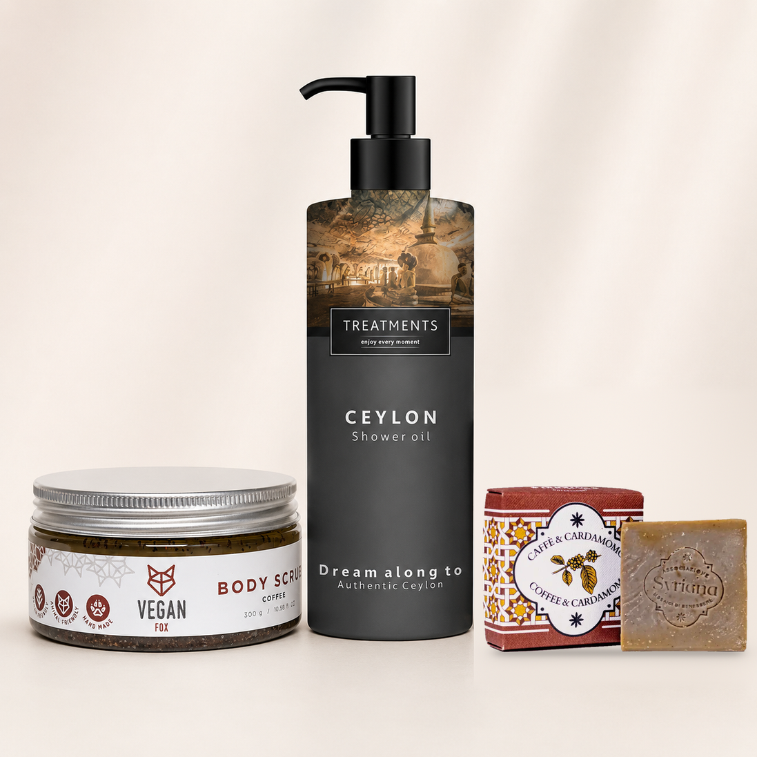 Kit Ritual de Duche com sabonete de café e cardamomo, esfoliante corporal de café e óleo de duche Ceilão — Nõma SkinCare