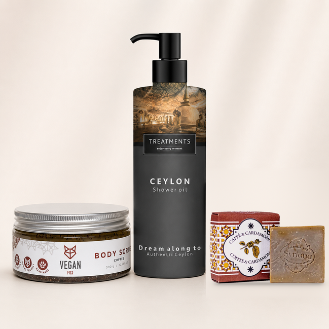 Kit Ritual de Duche com sabonete de café e cardamomo, esfoliante corporal de café e óleo de duche Ceilão — Nõma SkinCare