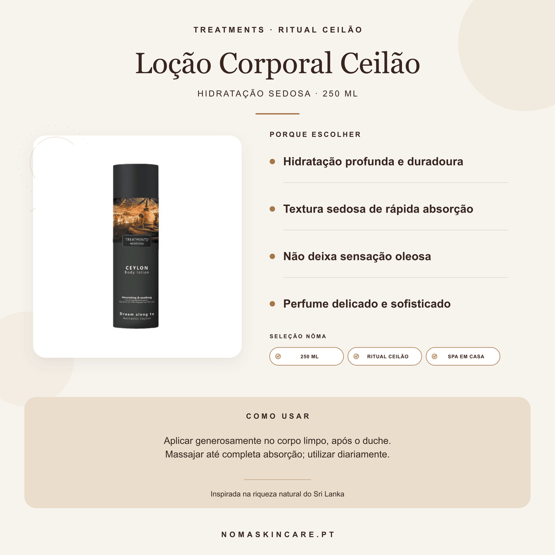 Benefícios e modo de uso — Loção Corporal Ceilão · TREATMENTS