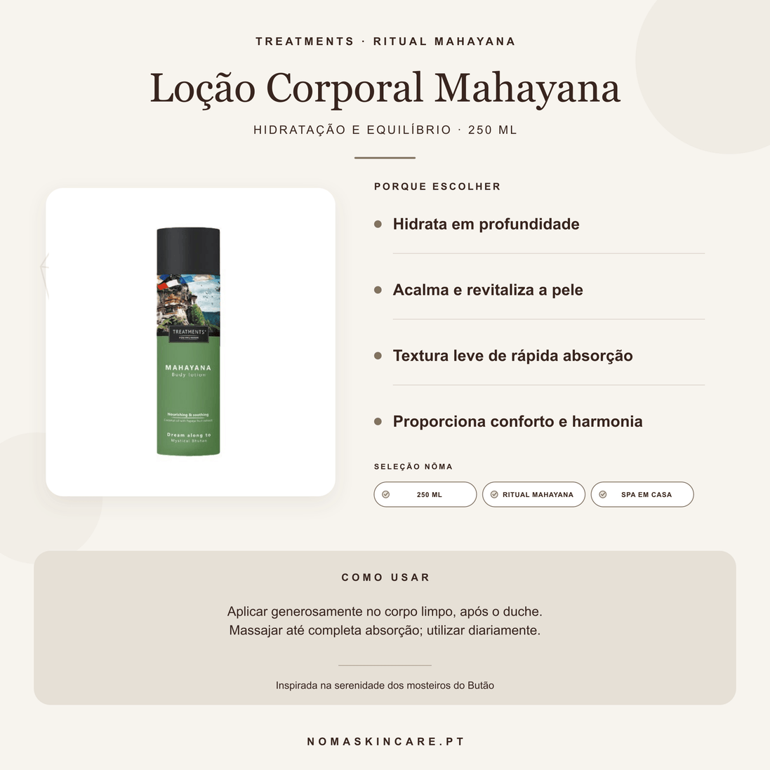 Benefícios e modo de uso — Loção Corporal Mahayana · TREATMENTS