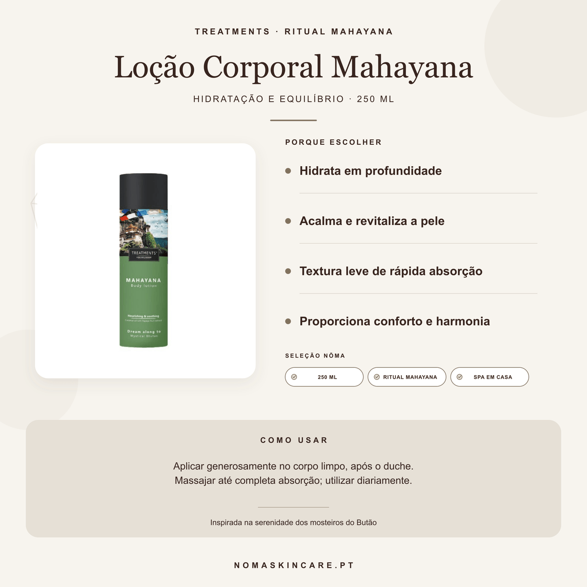 Benefícios e modo de uso — Loção Corporal Mahayana · TREATMENTS