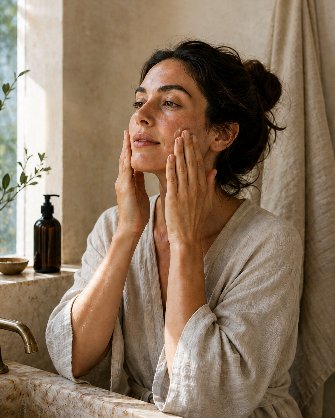 Mulher a aplicar skincare num ambiente natural e luminoso