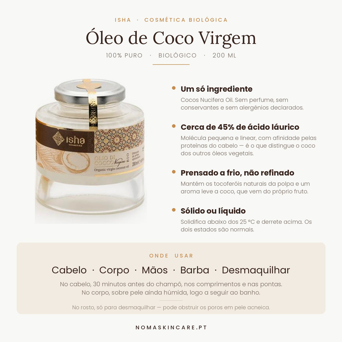 Características e benefícios — Óleo de Coco Virgem Biológico · ISHA