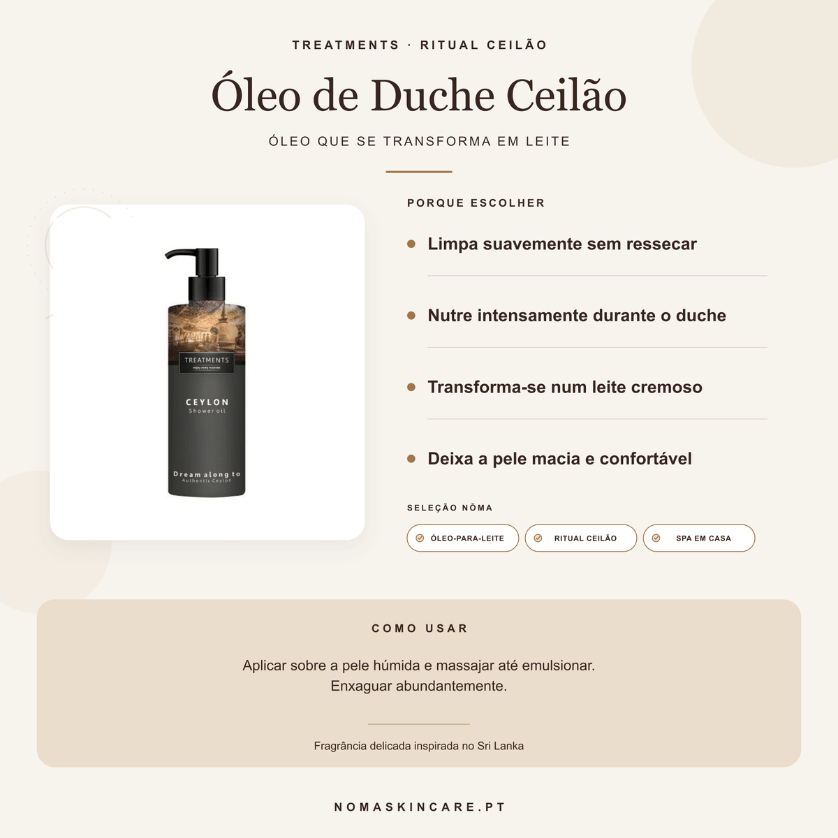 Benefícios e modo de uso — Óleo de Duche Ceilão · TREATMENTS