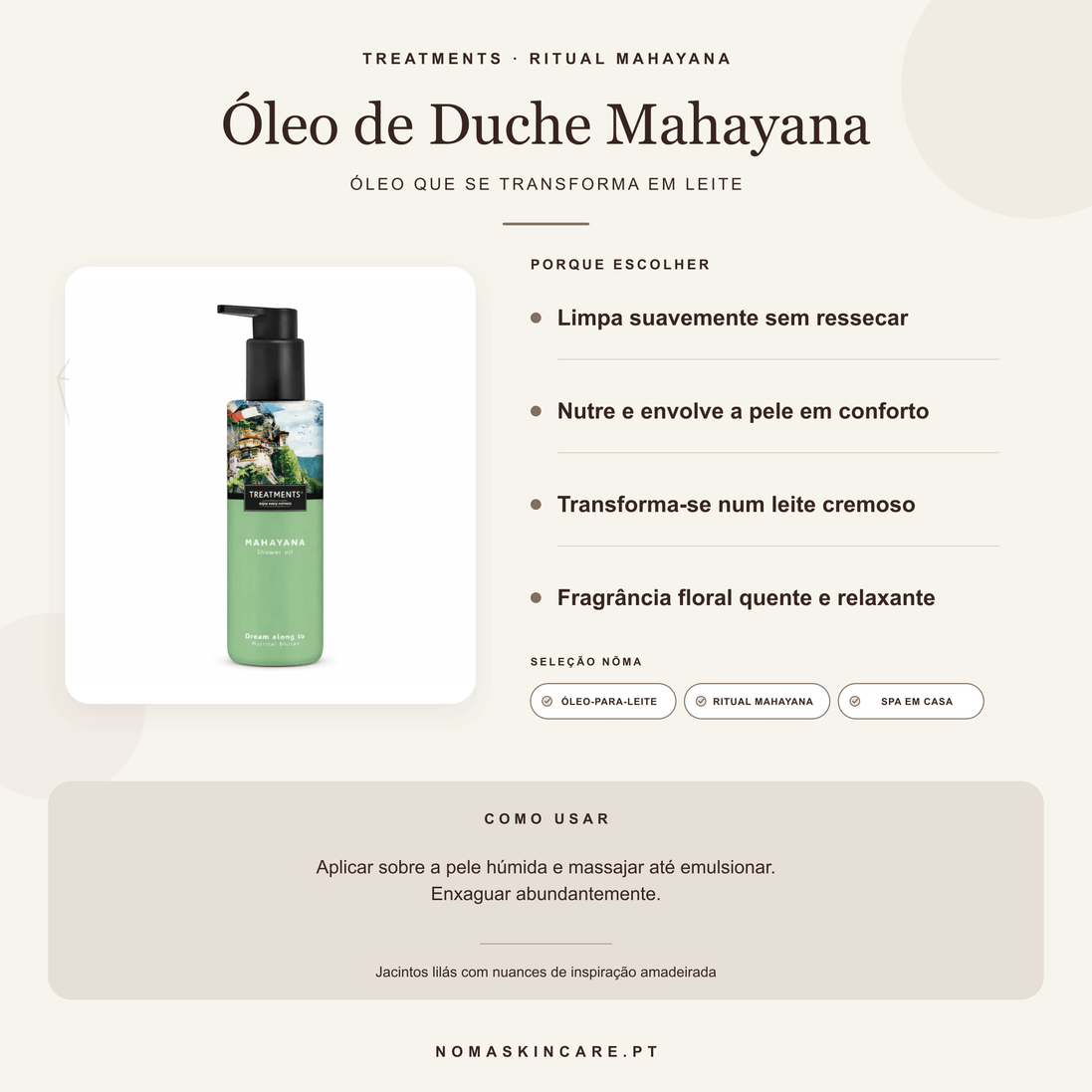 Benefícios e modo de uso — Óleo de Duche Mahayana · TREATMENTS