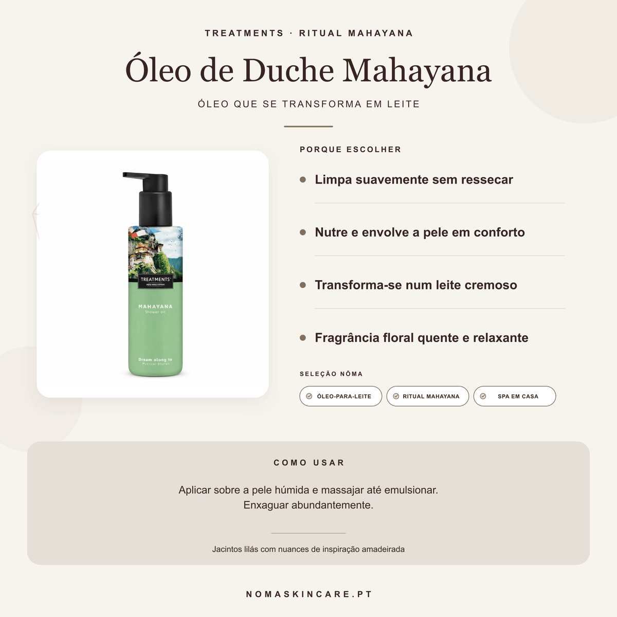 Benefícios e modo de uso — Óleo de Duche Mahayana · TREATMENTS