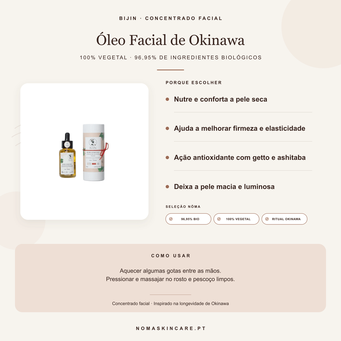 Benefícios e modo de uso — Óleo Facial Bio Anti-Idade Secret d’Okinawa · BIJIN