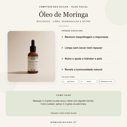 Benefícios e modo de uso — Óleo de Moringa Oleifera Biológico · COMPTOIR DES HUILES