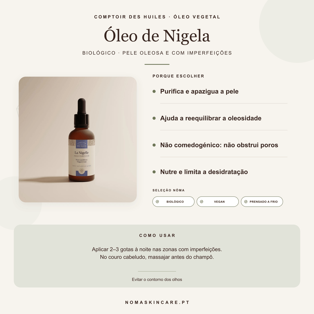 Benefícios e modo de uso — Óleo de Nigela Biológico · COMPTOIR DES HUILES