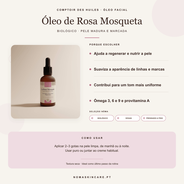 Benefícios e modo de uso — Óleo de Rosa Mosqueta Biológico · COMPTOIR DES HUILES