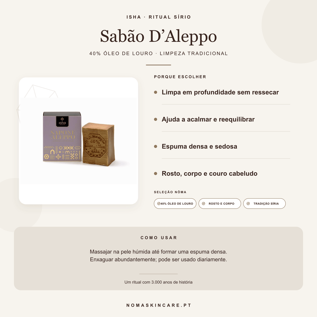 Benefícios e modo de uso — Sabão D'Aleppo 40% Óleo Louro · ISHA