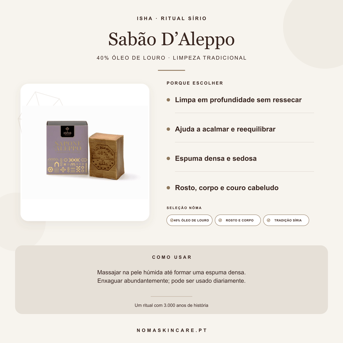 Benefícios e modo de uso — Sabão D'Aleppo 40% Óleo Louro · ISHA
