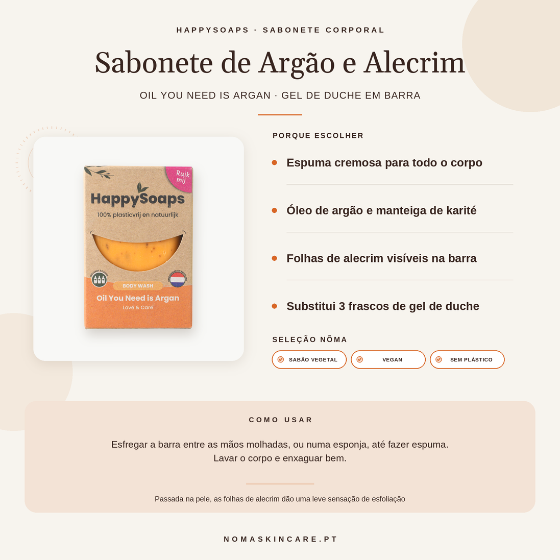 Benefícios e modo de uso — Sabonete Corporal com Óleo de Argão e Alecrim · HappySoaps