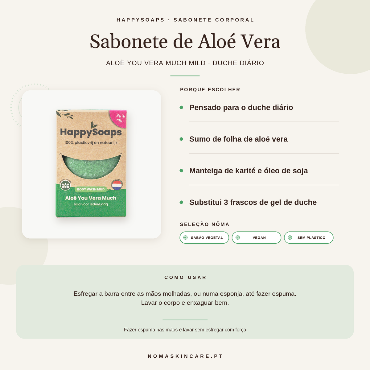 Benefícios e modo de uso — Sabonete Corporal de Aloé Vera para Uso Diário · HappySoaps