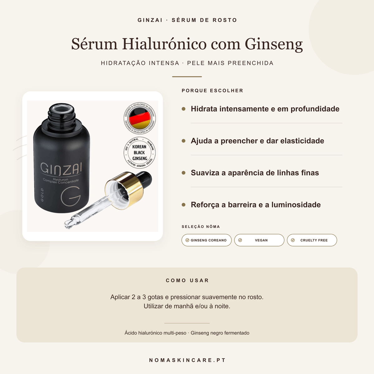 Benefícios e modo de uso — Sérum de Ácido Hialurónico com Ginseng · GINZAI