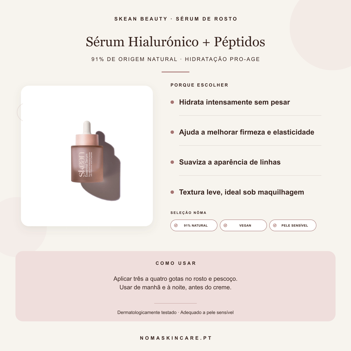 Benefícios e modo de uso — Sérum de Rosto com Ácido Hialurónico e Péptidos · SKEAN BEAUTY