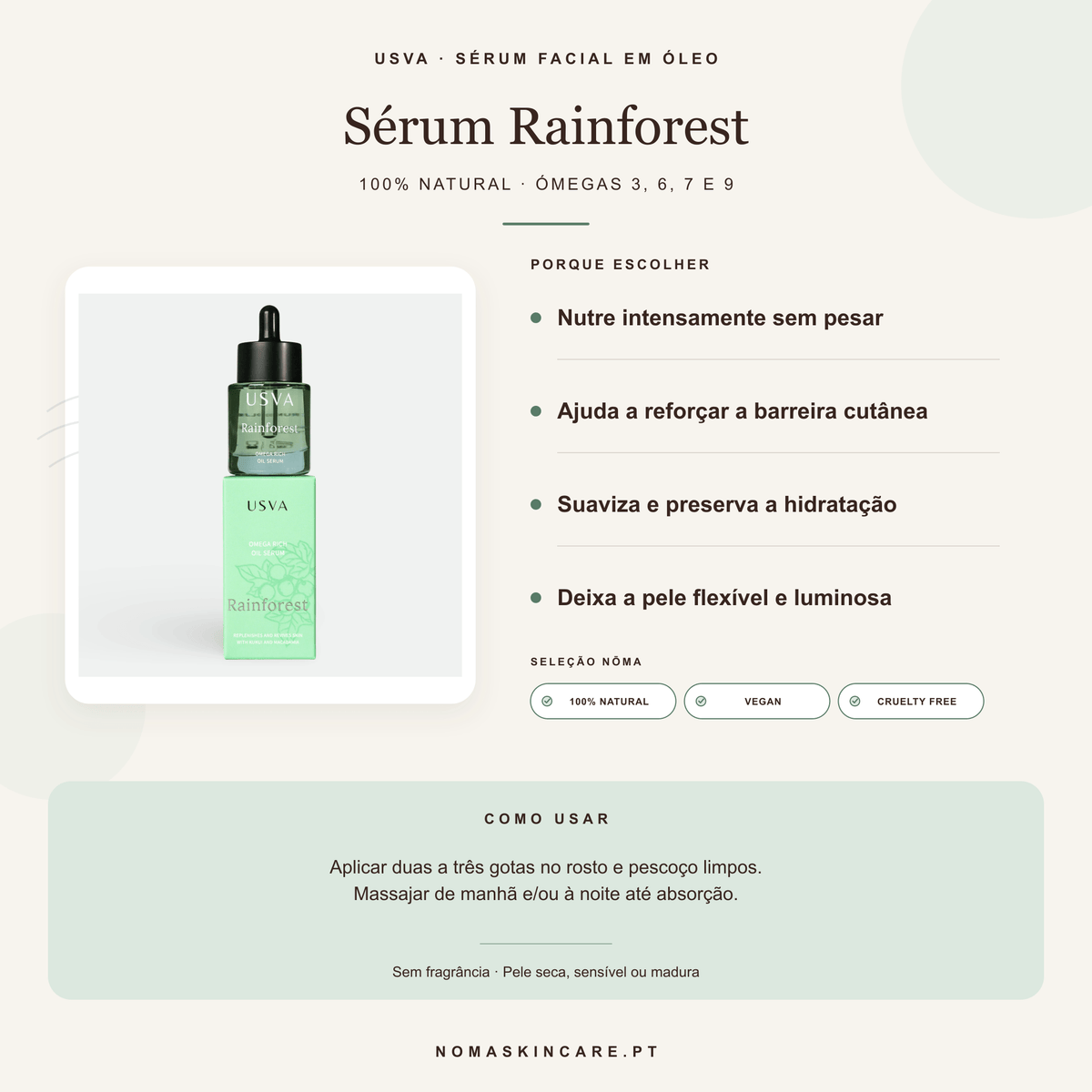 Benefícios e modo de uso — Sérum de Óleo Rico em Ómegas da Floresta Tropical · USVA