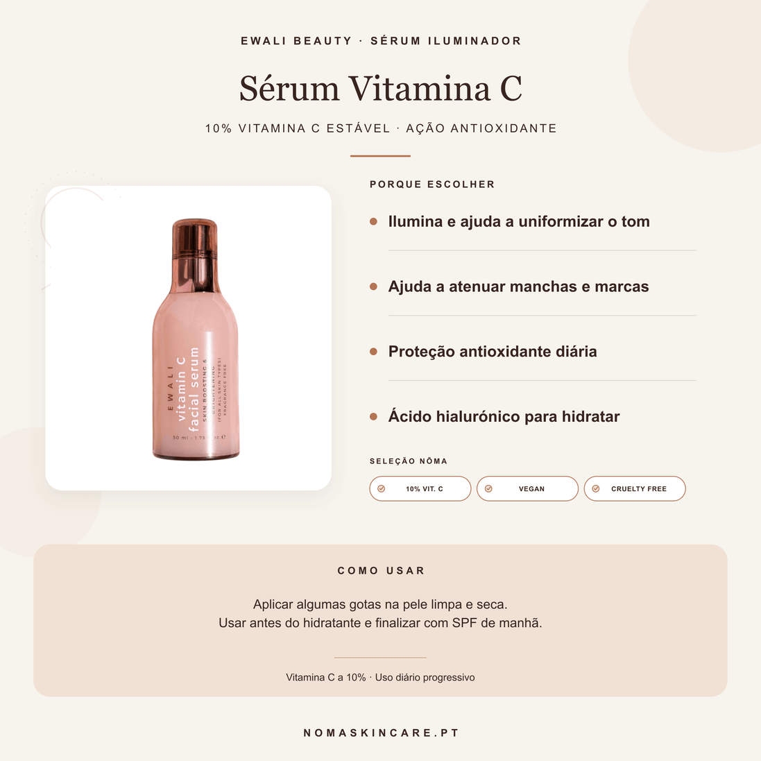 Benefícios e modo de uso — Sérum Facial com Vitamina C · EWALI BEAUTY